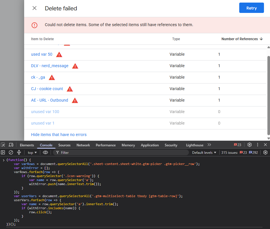 Script to select all unused GTM variables.